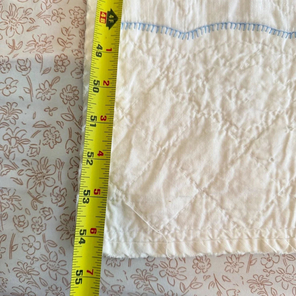 Vintage Hand Embroidered Baby Quilt White Cotton Kittens Birds Floral 54x36